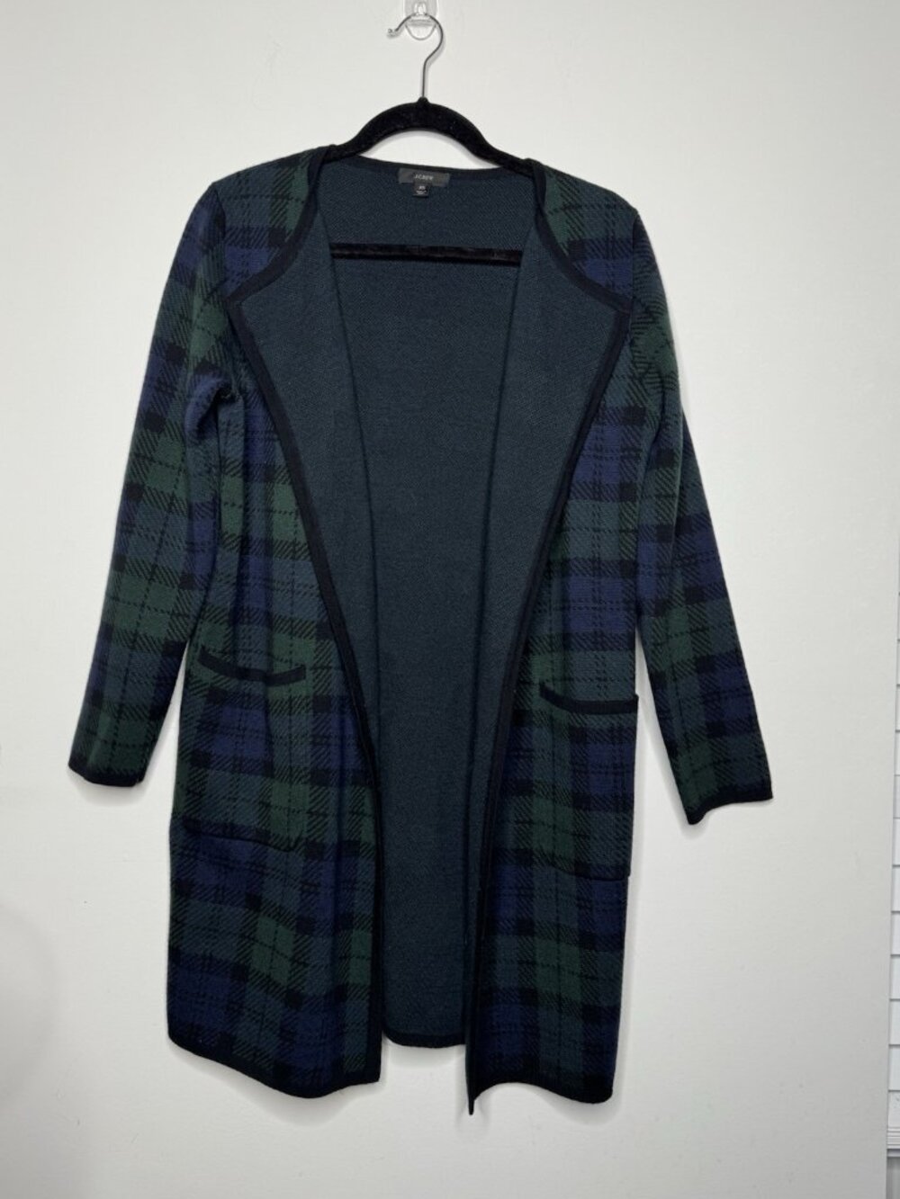 J Crew Women’s XS Collarless Sweater Blazer Black Watch Tartan Wool Cotton Blend